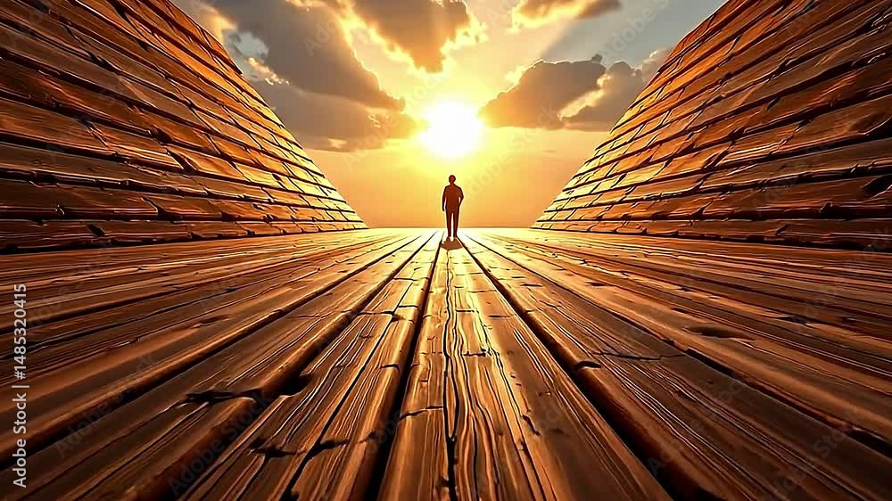Poster serene captivating scene of wooden pathway bathed warm glow of setting sun. pathway stretches forwar
