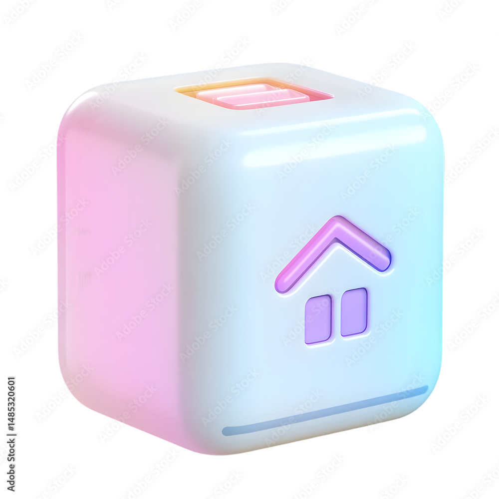 Poster three-dimensional cube icon rendered with a home symbol in pastel shades. the pastel gradient colors
