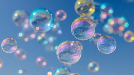 Colorful Soap Bubbles Floating in a Blue Sky