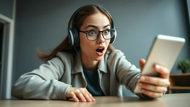 Young woman surprised while using smartphone with headphones indoors  