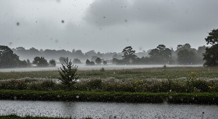 Naklejka premium Rainy day landscape along a canal