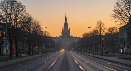 Obraz premium Road leading to building silhouette at sunset