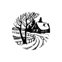 Hand drawn winter vintage Christmas landscape sletch. Happy New Year vector illustration