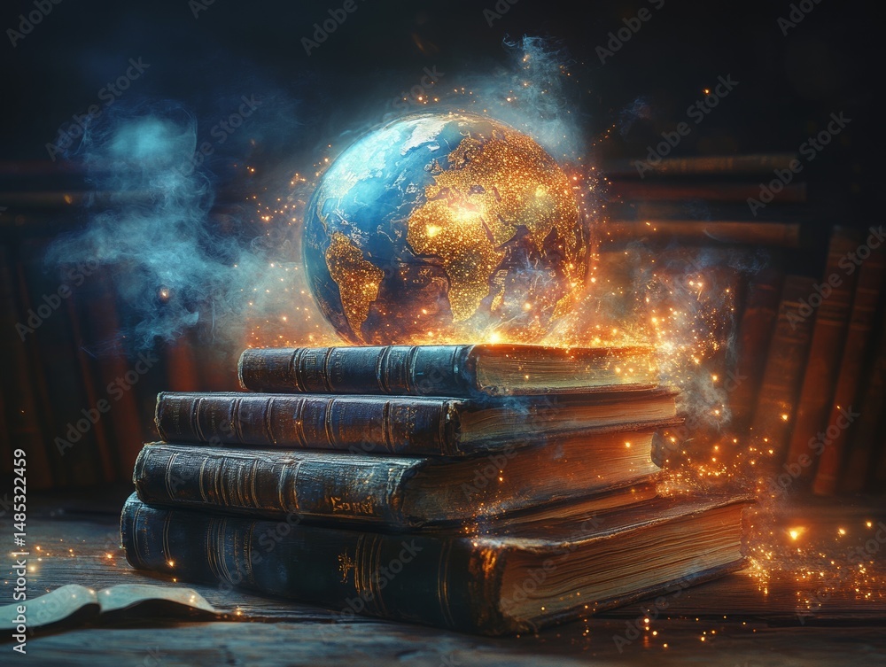 Poster knowledge is power: an ethereal globe atop a stack of ancient books, radiating light and wisdom in a