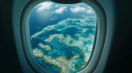 Fototapeta premium Aerial View of Coral Reefs from Airplane Window