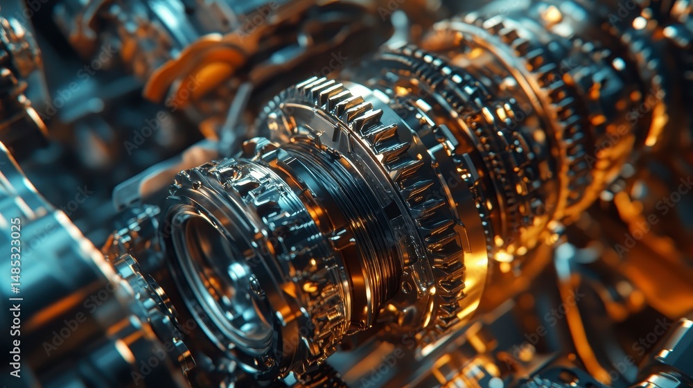 Poster close-up of intricate metallic gears and cogs, showcasing complex machinery.