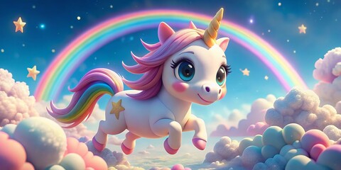 A cute 3D cartoon unicorn with big sparkling eyes in a fantasy scene.
