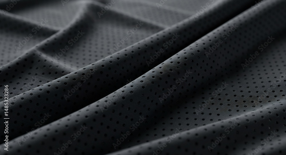 Poster abstract close-up of black perforated fabric with soft drapes and shadows, textured background for d