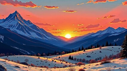 breathtaking winter landscape sunset showcasing snow-covered mountains vibrant orange sky. serene scene framed rolling hills scattered evergreen trees sun casting warm glow snow-laden... - Powered by Adobe