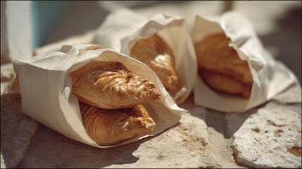 Freshly baked croissants wrapped in paper bags rest artfully on a rustic stone surface, bathed in warm sunlight.
