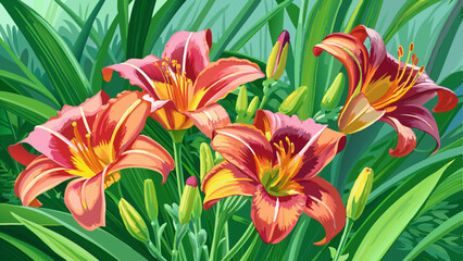 Obraz premium Daylilies flowers or Hemerocallis. Daylilies on green leaves background in summer. Flower beds with flowers in garden. Soft selective focus. Very beautiful