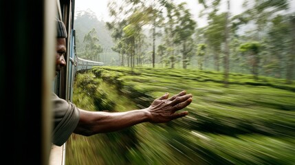 A man extends his hand out of a moving train, enjoying the lush green countryside whizzing by.