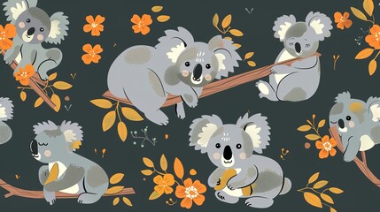 Adorable Vector Graphic Design of a Charming Koala: Playful Poses, Soft Hues, and Whimsical Details for Children's Books, Nursery Decor, and Branding Projects