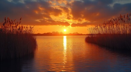 Dramatic sunset over tranquil water and reeds.