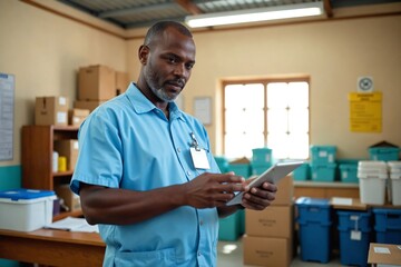 Equitable Healthcare Logistics: Fifties African Male Medical Professional Employs AI for Smart Medical Supply Chain in Underserved Remote Clinic