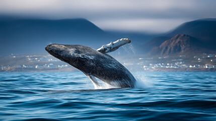 Naklejka premium Blue whale jumps vertically out of the water in the ocean