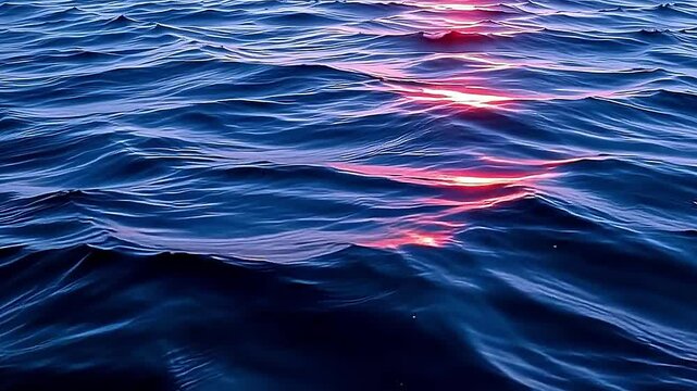 serene seascape dusk dawn where ocean's surface gently rippled reflecting soft hues of setting rising sun. water appears calm subtle waves creating pattern across scene. sky blend of deep...