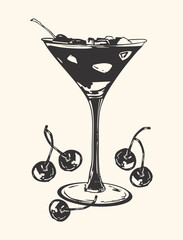 Black and White Cherry Martini Illustration