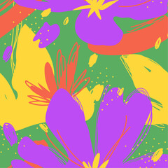 bright abstract summer pattern seamless ,bright flowers on the green isolated background, modern vector illustration, decoration for fabric , textile, wrapping ,cover, wallpaper, clothing, packaging, 