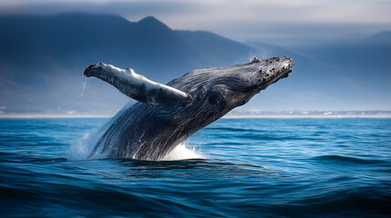 Fototapeta premium Blue whale jumps vertically out of the water in the ocean