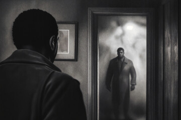 a black and white image of a man in close-up view from the back, looking at another person through an open door
