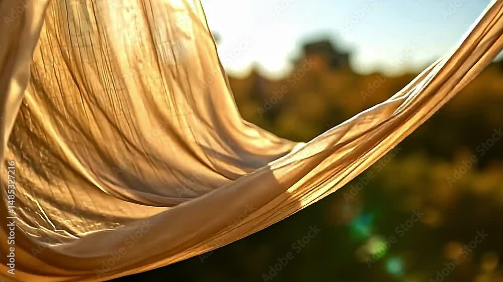 Poster delicate flowing piece of fabric bathed warm golden sunlight. fabric likely made of soft lightweight