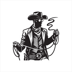 Cowboy with Lasso Standing Pose – Western Black and White Line Art