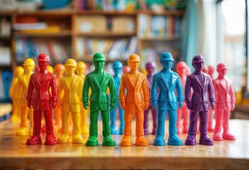 Fototapeta premium a vibrant row of little plastic construction workers in rainbow colors stand proudly on a wooden surface before a blurred bookshelf.