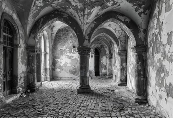 Fototapeta premium a hauntingly beautiful black and white view of a decaying gothic arcade with weathered stone pillars and a cobblestone floor, suggesting a forgotten history and the passage of time.