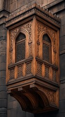 Obraz premium Ornate Balcony: A captivating image showcases an exquisite wooden balcony, adorned with intricate carvings, showcasing architectural beauty and attention to detail.