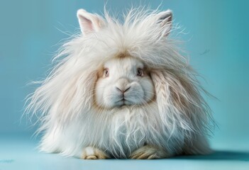Obraz premium a fluffy, cream-colored lionhead rabbit with expressive eyes poses against a serene teal backdrop.
