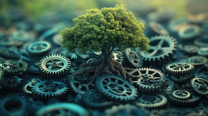 A small, lush green tree grows from a pair of interlocking wooden gears,