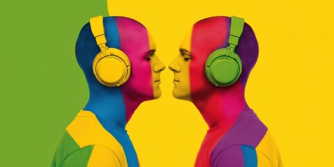 Fototapeta premium Vibrant artistic representation of two individuals facing each other wearing colorful headphones against a striking backdrop of primary colors showcasing bold expression and creative identity