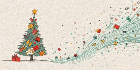 Hand-drawn christmas tree with gifts swirling around it