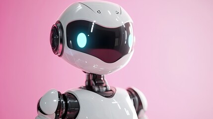 A friendly, cartoonish robot stands in a soft pastel-lit environment,