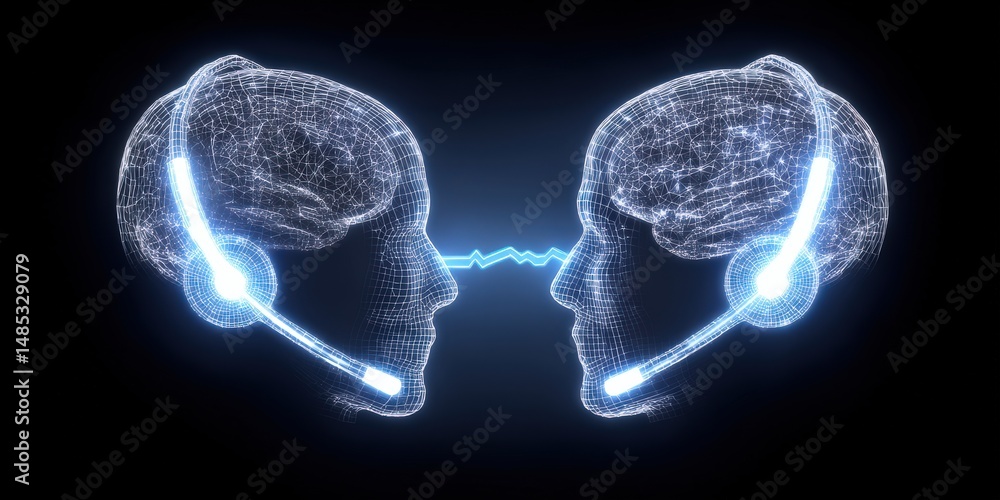 Aufkleber intricate wireframe human heads connected by glowing digital sound waves representing the fusion of 