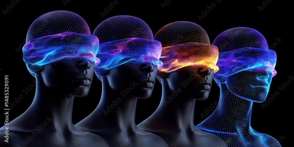 Poster a futuristic portrayal of four digitally rendered heads with blindfolds modeled in various neon hues