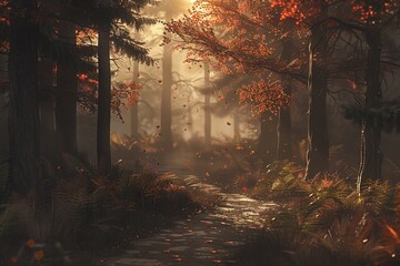Fototapeta premium Sunlit Forest Path with Autumn Leaves Varient 3