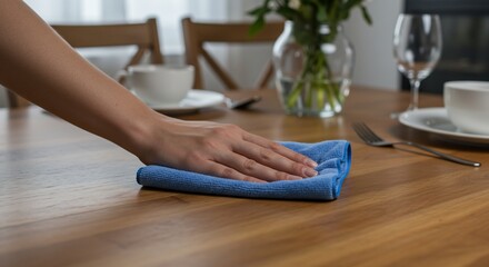 Person wiping a table with a cloth