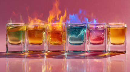Row Of Flaming Colorful Shots On Reflective Surface