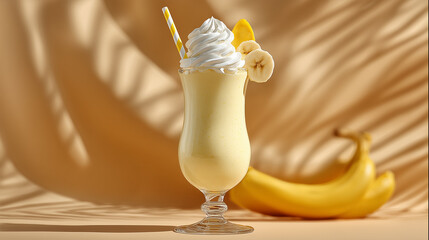Banana Milkshake With Whipped Cream And Banana On Warm Shadowed Background