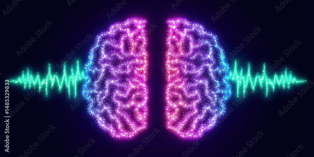 Aufkleber visual representation of a vibrant digital brain with glowing neural connections and a soundwave hea