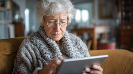 Ältere Frau nutzt ein Tablet in heller Wohnumgebung – modernes Seniorenleben, digitale Teilhabe und Techniknutzung im Alltag älterer Menschen

