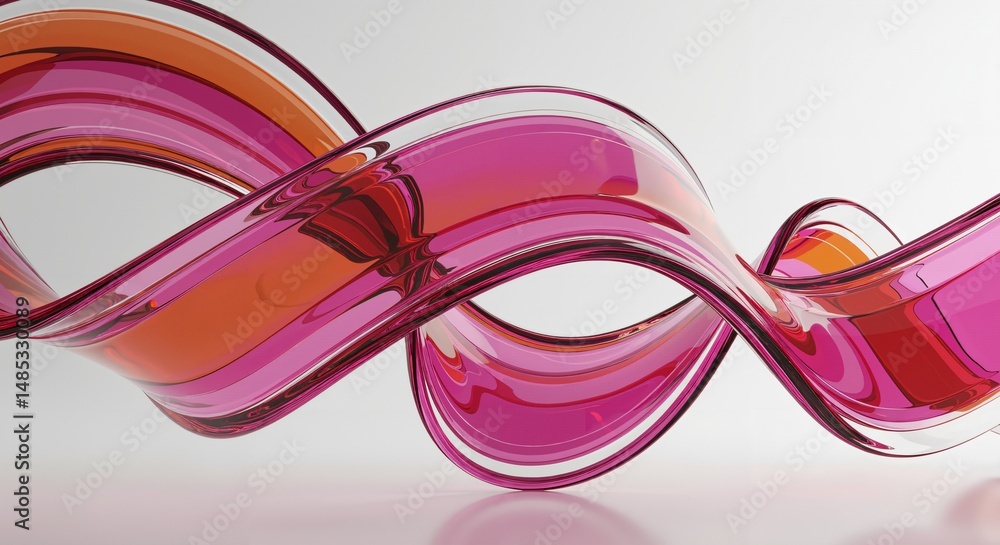Poster dynamic abstract fluid design with curves in pink and orange reflecting light and movement, showcasi