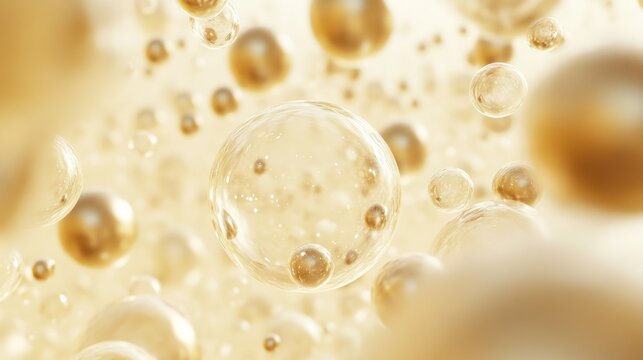 Golden spheres and translucent bubbles in a flowing pattern.