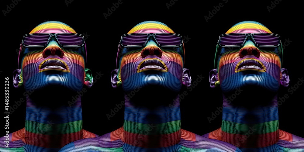 Poster intricately designed human figure with vibrant stripes and sunglasses set against a dark background 