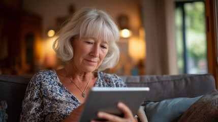 Ältere Frau nutzt ein Tablet in heller Wohnumgebung – modernes Seniorenleben, digitale Teilhabe und Techniknutzung im Alltag älterer Menschen

