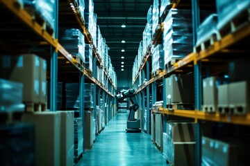 Fototapeta premium Robot navigating a dimly lit warehouse aisle.