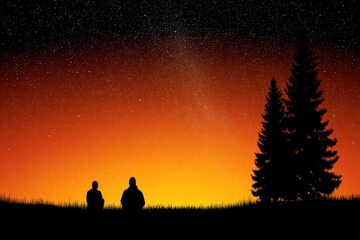 Fototapeta premium Two silhouetted figures sitting together under a starry sky with a stunning orange sunset backdrop showcasing a tranquil moment of reflection and connection amid the beauty of nature