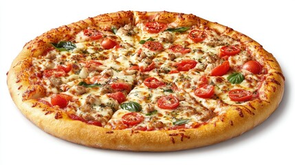 A freshly made pizza topped with sliced cherry tomatoes,